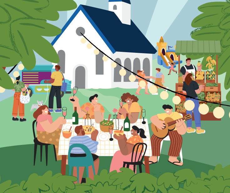 Illustratie van ZomerGroet met het Witte Kerkje en een tafel waar mensen gezellig aanzitten
