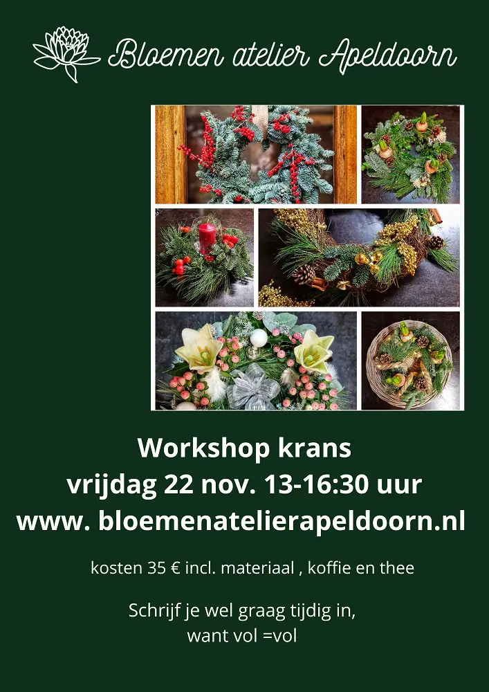 workshop krans op vrijdagmiddag 22 november 13:00-16:30  uur