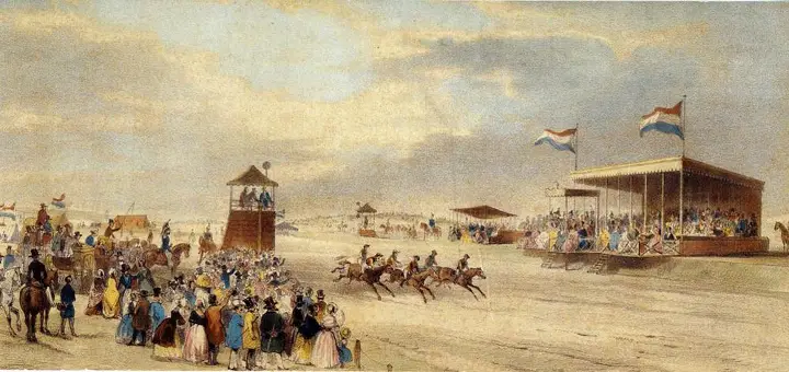 Oude renbaan Zandvoort, Wedren op 6 september 1844 nabij Zandvoort, sepiatekening van C.C.A.Last 