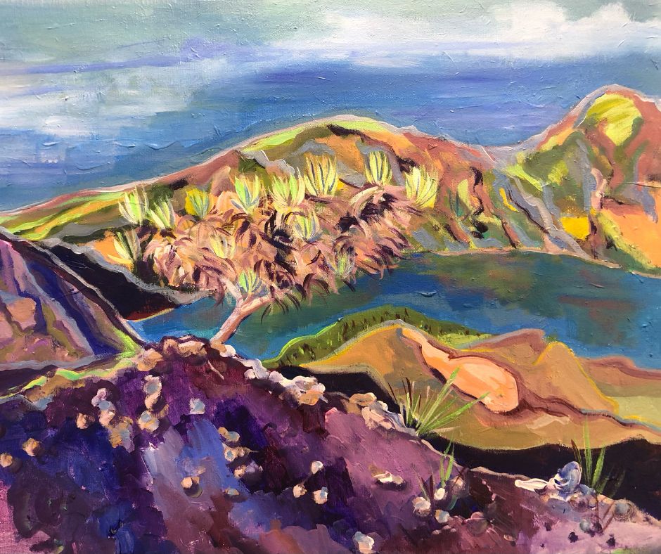 Marieke Warmelink, Rinjani Crator view, 50 x 60 cm, acryl op coek 