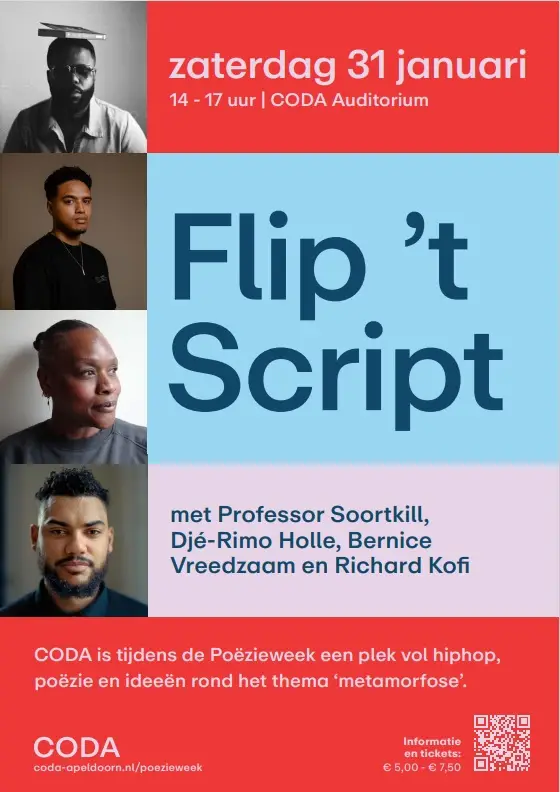 Flip ’t script met Professor Soortkill, Djé-Rimo Holle, Bernice Vreedzaam en Richard Kofi
